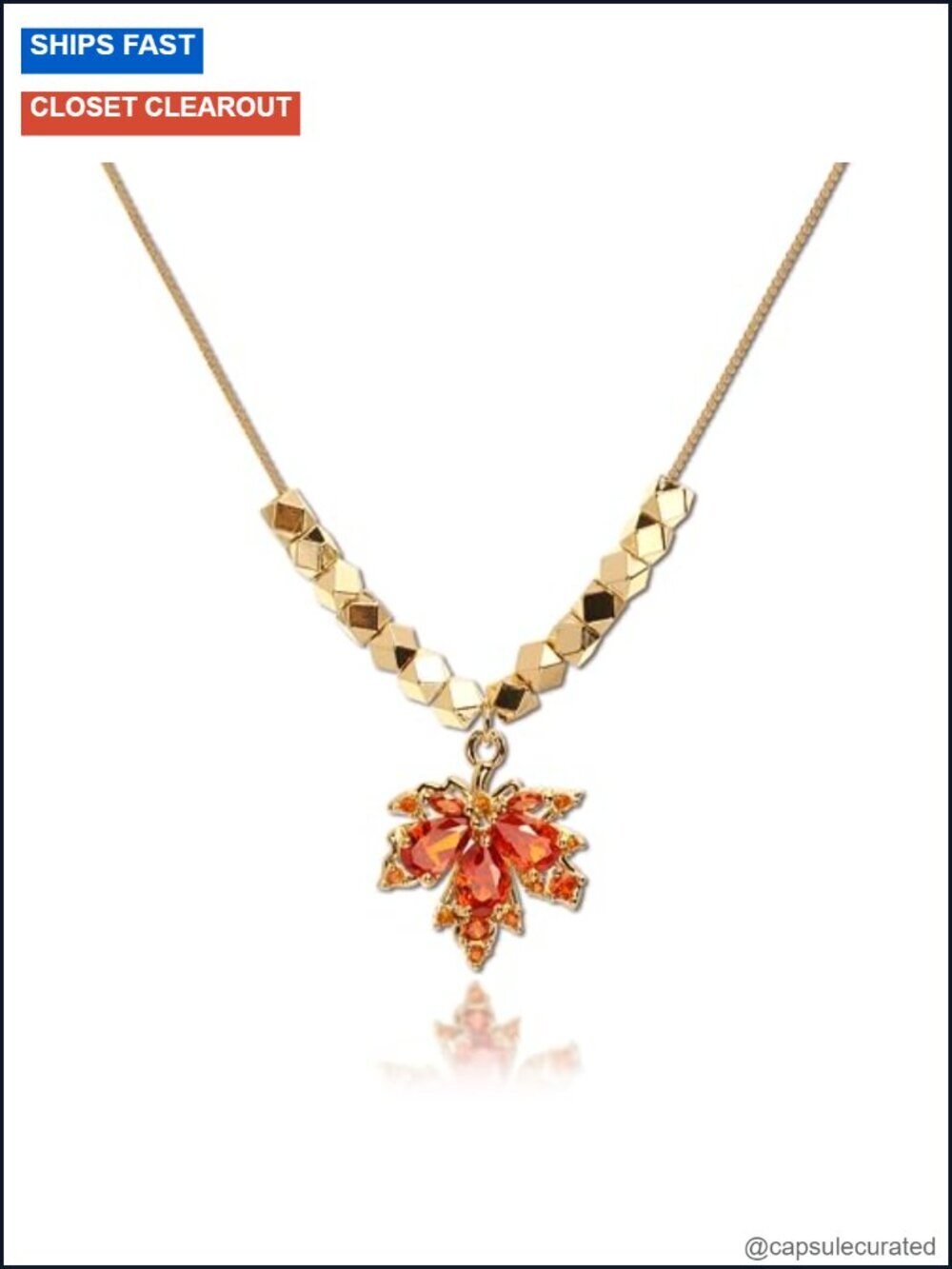 Dainty Maple Leaf Pendant Necklace, Gold Plated Brass Chain, Rhinestone Jewelry
